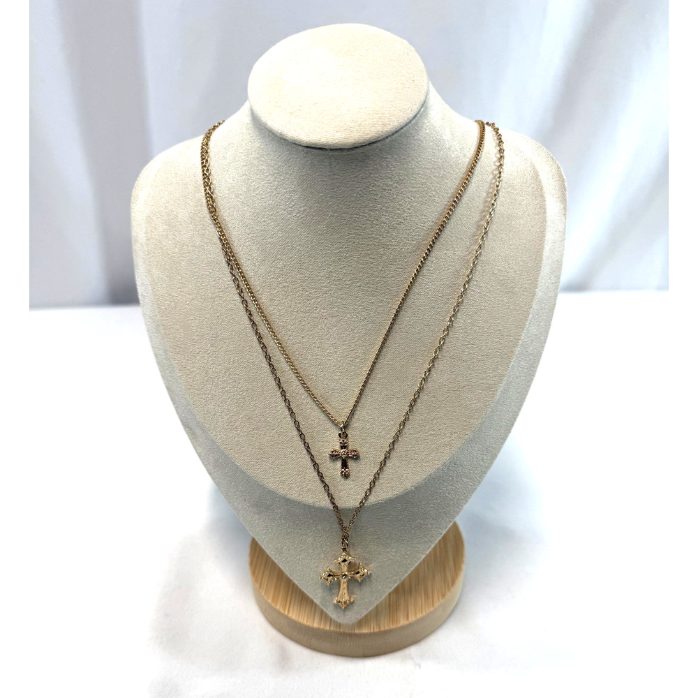Double Cross Necklace Rose Gold Tone Metal Layered Style Fashion Jewelry Gift